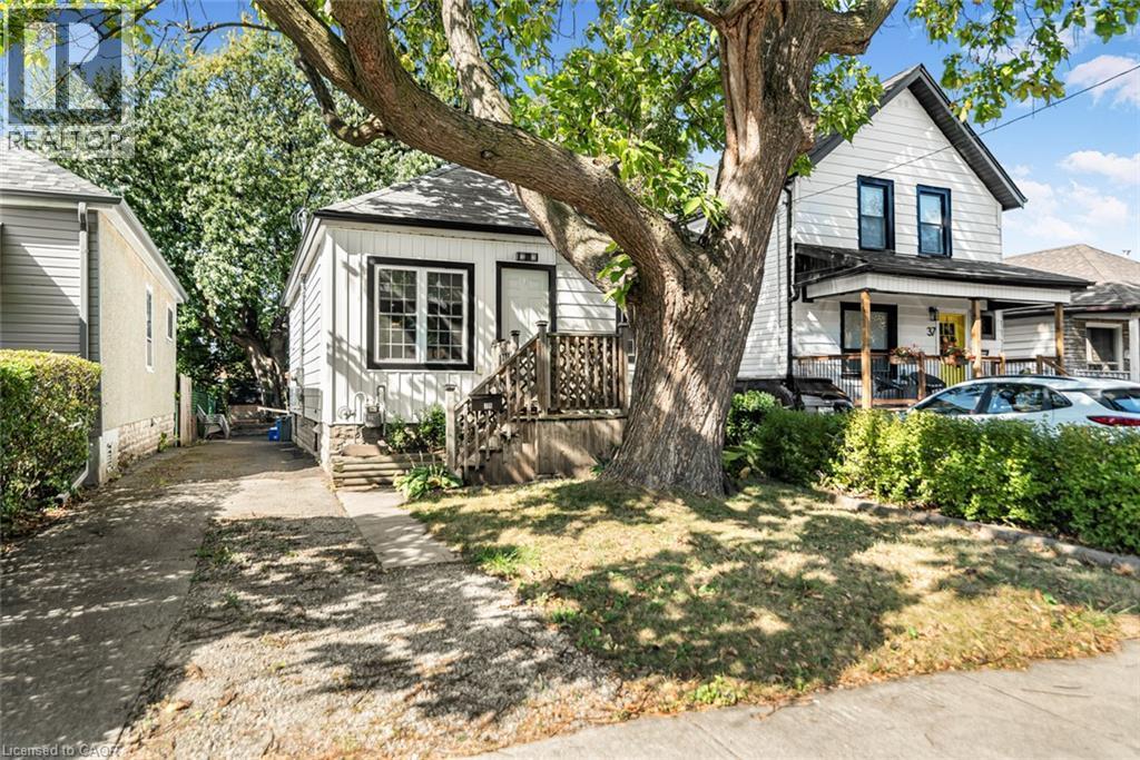 White siding exterior with a dark trim, covered front porch, and a mature front yard tree - 29 Wexford Avenue N, Hamilton, ON