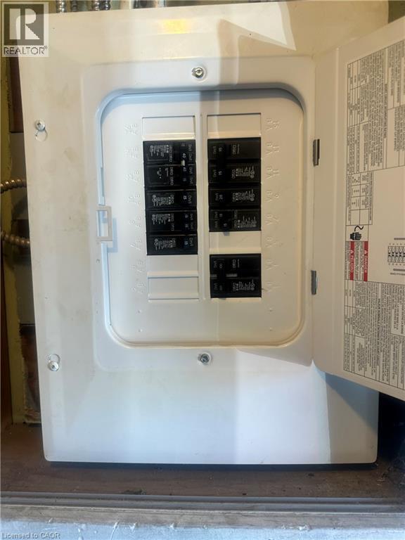 Electrical panel featuring a white metal enclosure and multiple circuit breakers - 150 Princess Street, Hamilton, ON