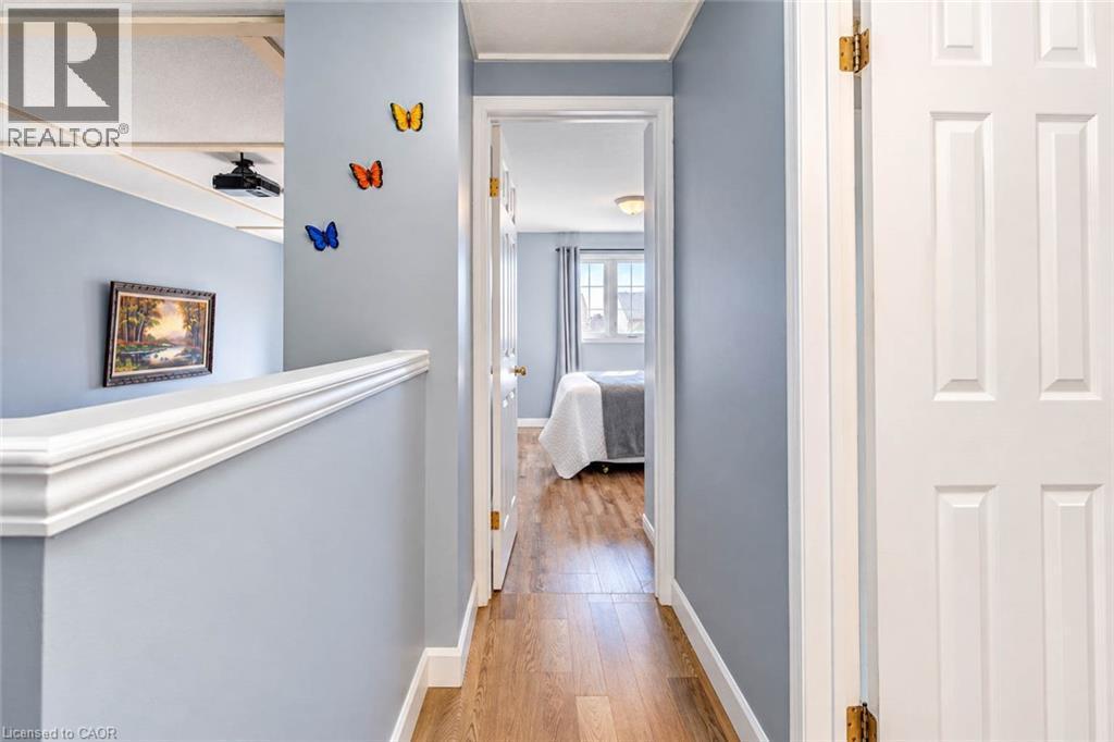 Wood-finish flooring, white paneled interior doors, and crisp white trim - 327 Oprington Place, Kitchener, ON