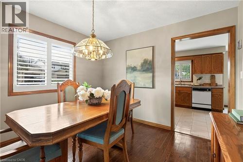 Dining area featuring wood-finish flooring, white interior shutters, a decorative multi-arm pendant light fixture, and arched wood trim framing the doorway - 53 Bastille Street, Hamilton, ON 