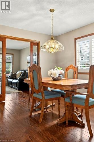 Dining area featuring wood-finish flooring, a multi-pane glass and brass pendant light fixture, wood-framed sliding pocket doors, and windows with interior shutters - 53 Bastille Street, Hamilton, ON 