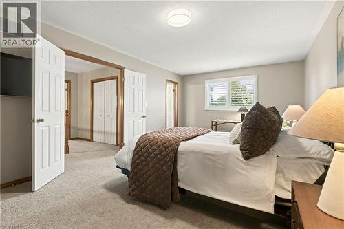 Neutral-toned interior featuring wall-to-wall carpeting, white six-panel doors, louvered window shutters, and a flush-mount ceiling light fixture - 53 Bastille Street, Hamilton, ON 