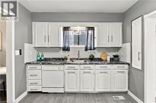 Kitchen featuring white shaker-style cabinetry, dark stone-patterned countertops, a stainless steel undermount sink with a gooseneck faucet, a built-in dishwasher, and wood-finish flooring - 81 East 23Rd Street, Hamilton, ON 