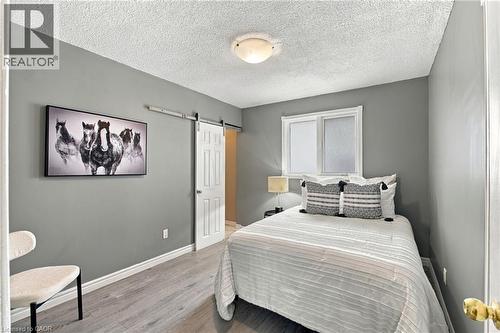 Neutral-toned interior space featuring wood-finish flooring, sliding barn door, and flush-mount ceiling lighting - 81 East 23Rd Street, Hamilton, ON 