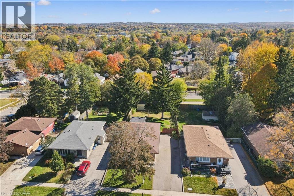 Aerial perspective of residential properties featuring expansive mature trees, paved driveways, and established neighborhood landscaping - 11 Caledon Court, Cambridge, ON