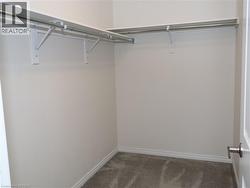Walk-in storage space featuring neutral carpeting and built-in metal shelving rods with upper storage ledges -