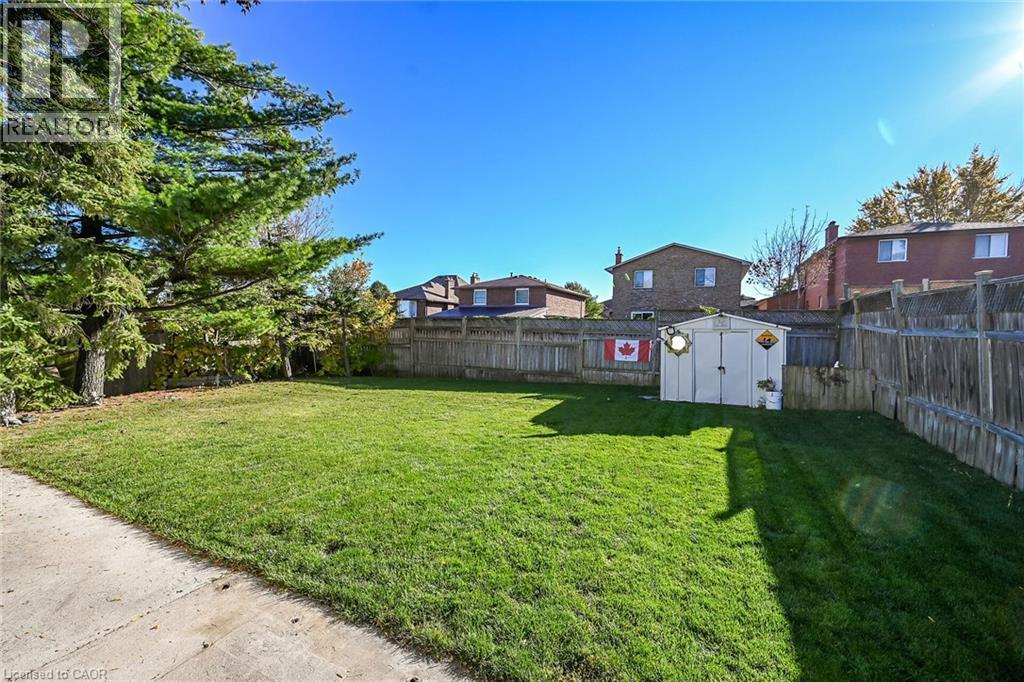 Expansive backyard featuring a manicured lawn, full wood-plank fencing, mature evergreen trees, and a detached storage structure - 411 Queen Victoria Drive, Hamilton, ON