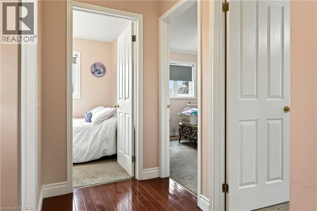 Hardwood-finish flooring extending into two separate doorways, each opening into a distinct room with carpeted flooring - 31 Grindstone Way, Hamilton, ON
