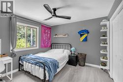Wall-to-wall carpeting, modern ceiling fan, built-in shelving, white trim, and a window with a green outdoor backdrop - 