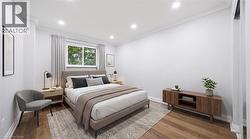 Recessed lighting, wood-finish flooring, crown molding, double-pane window, and white wall finishes - 