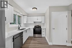 Modern kitchen featuring white cabinetry, a double basin sink with a matte black faucet, stainless steel appliances, and wood-finish flooring - 