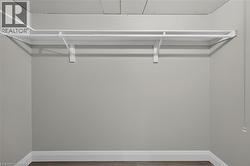 Built-in closet shelving and hanging rod with light gray walls and wood-finish flooring - 