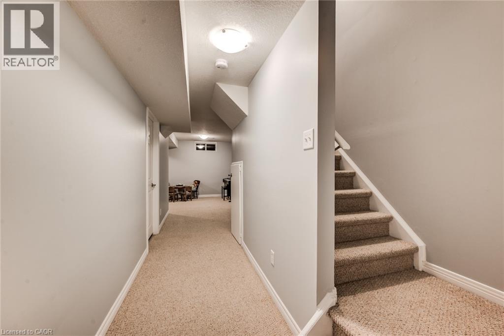 Carpeted staircase with white risers, leading to a hallway with neutral wall paint and carpet flooring - 360 Cornridge Place Unit# 2, Waterloo, ON