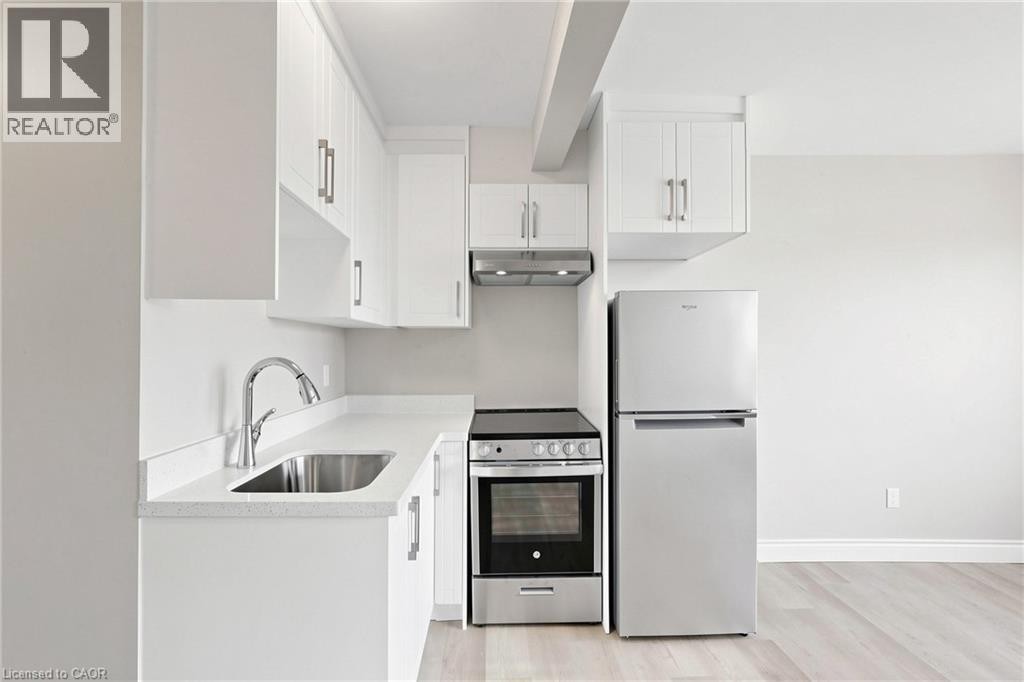 with a gooseneck faucet, light-toned countertops, and wood-finish flooring - 65 Sanford Avenue S, Hamilton, ON