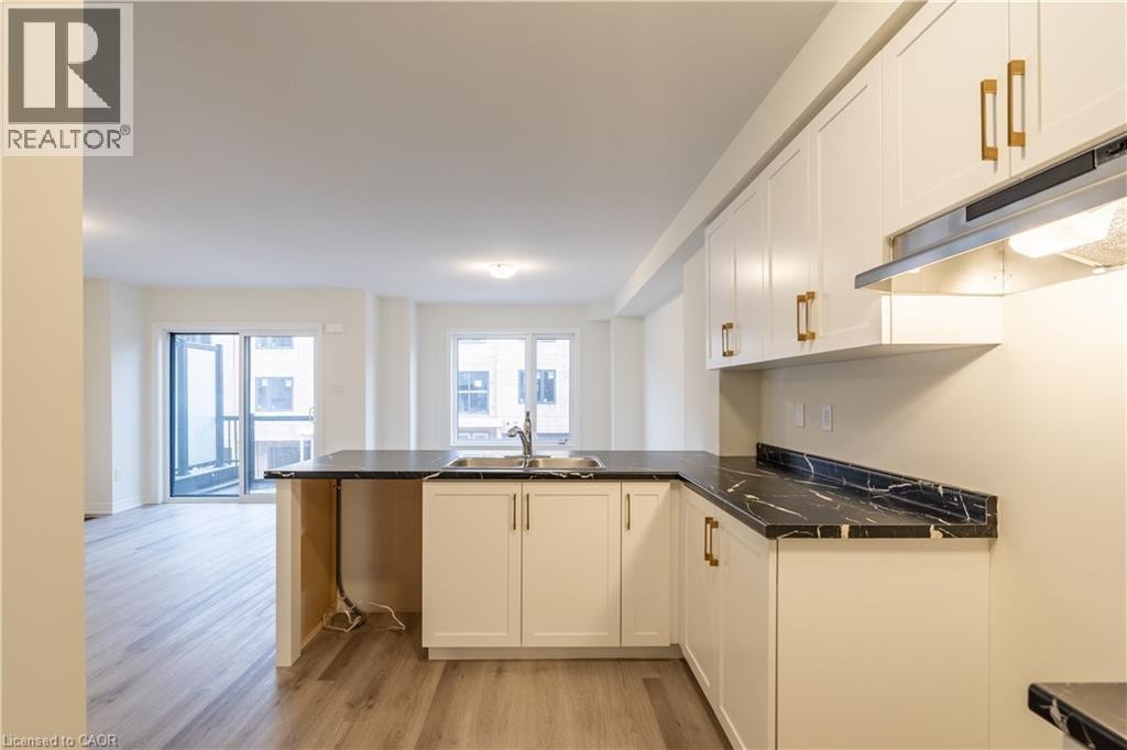 Kitchen featuring white cabinetry, black stone-finish countertops, gold-tone hardware, and a stainless steel sink with a pull-down faucet - 23 Dryden Lane, Hamilton, ON