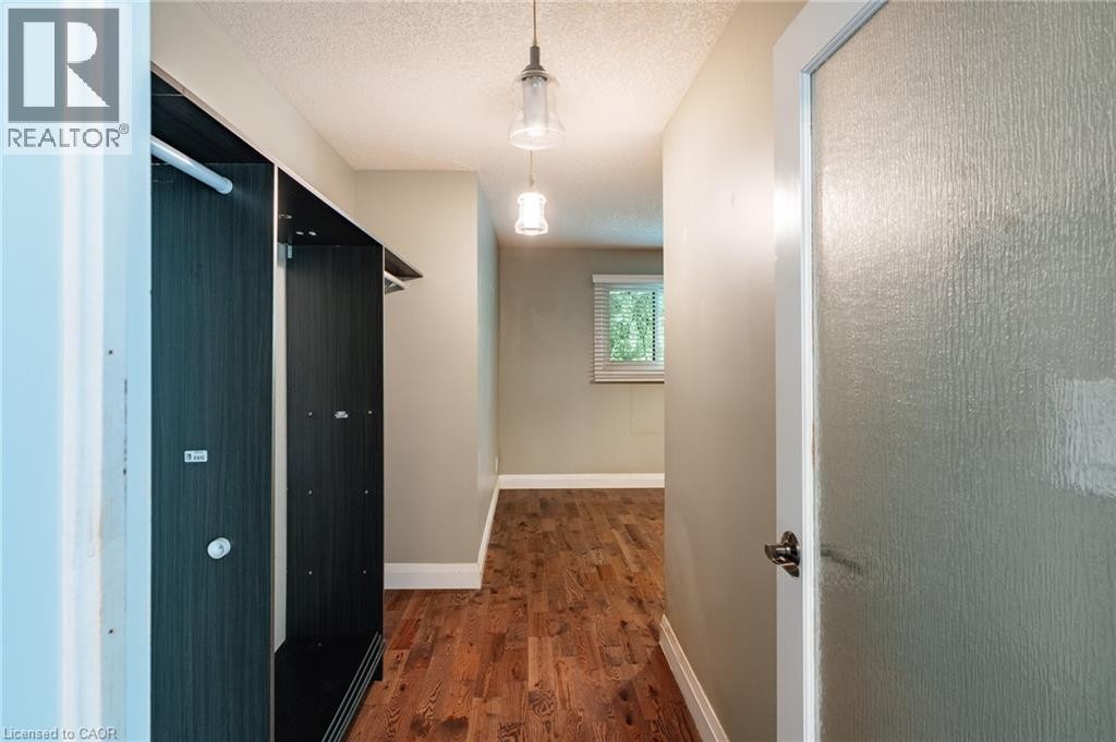 Wood-finish flooring, built-in open shelving, two glass pendant light fixtures, and a textured glass door - 229 Winfield Avenue, Waterloo, ON