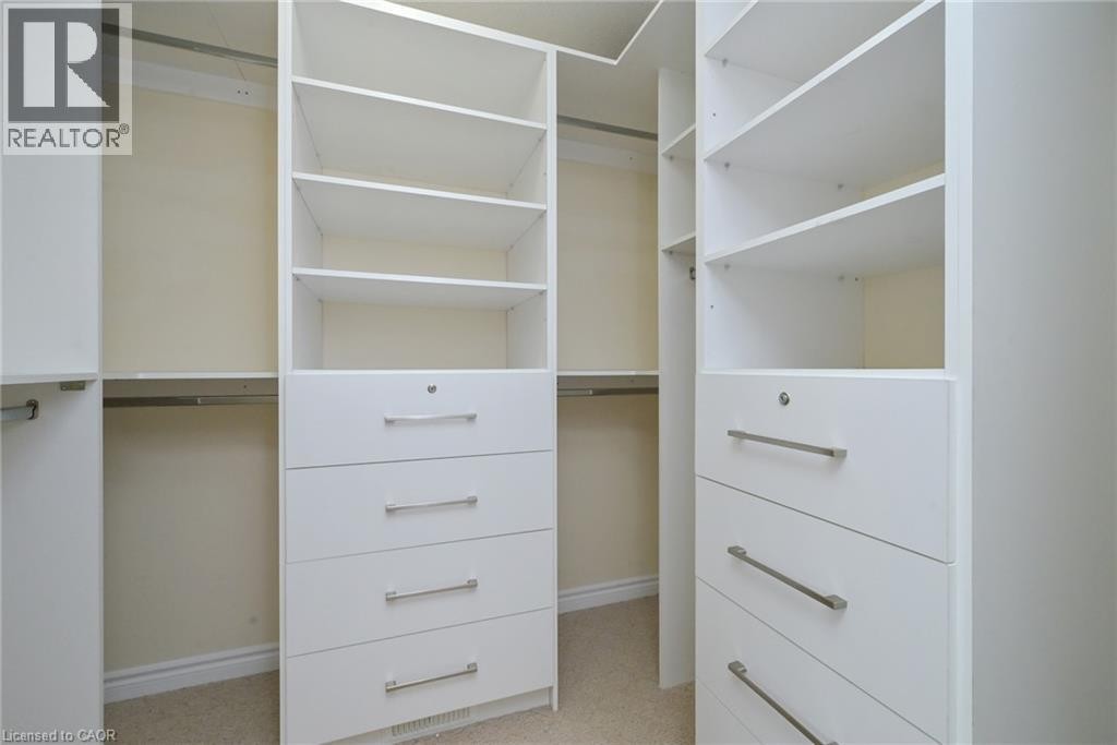 Built-in white custom closet shelving and drawer units, integrated hanging rods, and carpet flooring - 64 Maple Cider Street, Caledon, ON