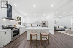 Contemporary kitchen with white cabinetry, stainless steel appliances, marble-look countertops, a tile backsplash, and wood-finish flooring - 