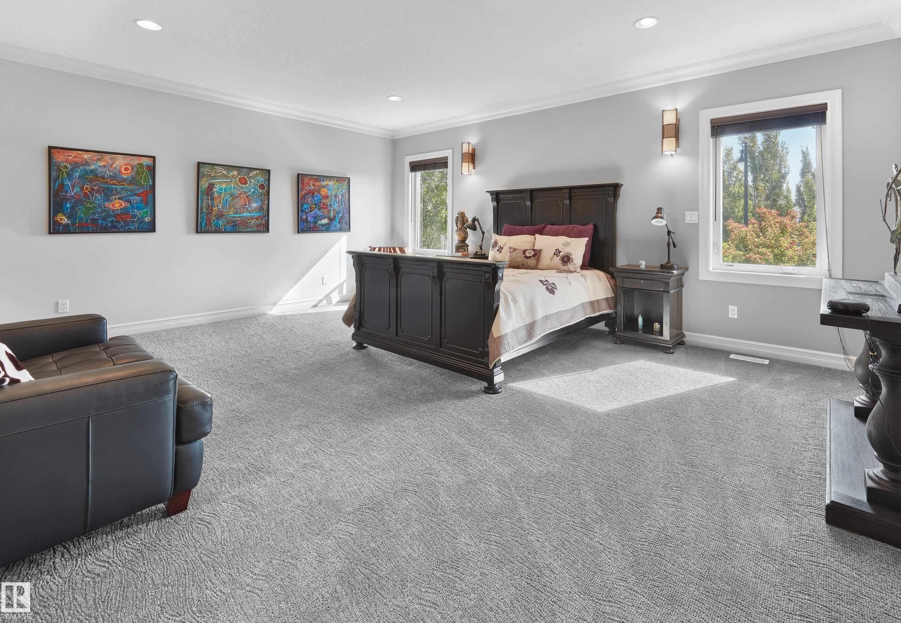 Carpeted bedroom featuring ornamental molding and recessed lighting - 4111 Westcliff Heath Heath, Edmonton, AB - Indoor Photo Showing Bedroom