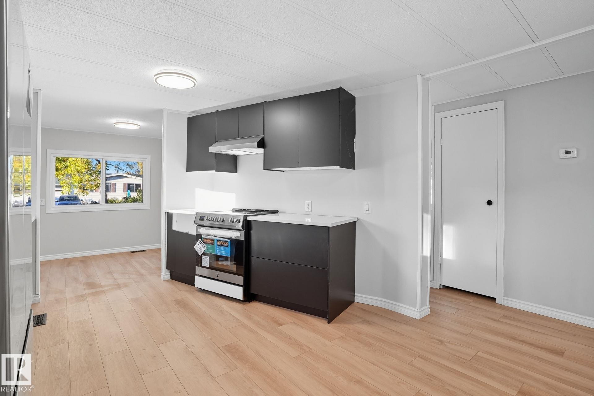 Kitchen with stainless steel appliances, light countertops, light wood finished floors, extractor fan, and modern cabinets - 67 Ridgeway Dr, Edmonton, AB - Indoor Photo Showing Kitchen