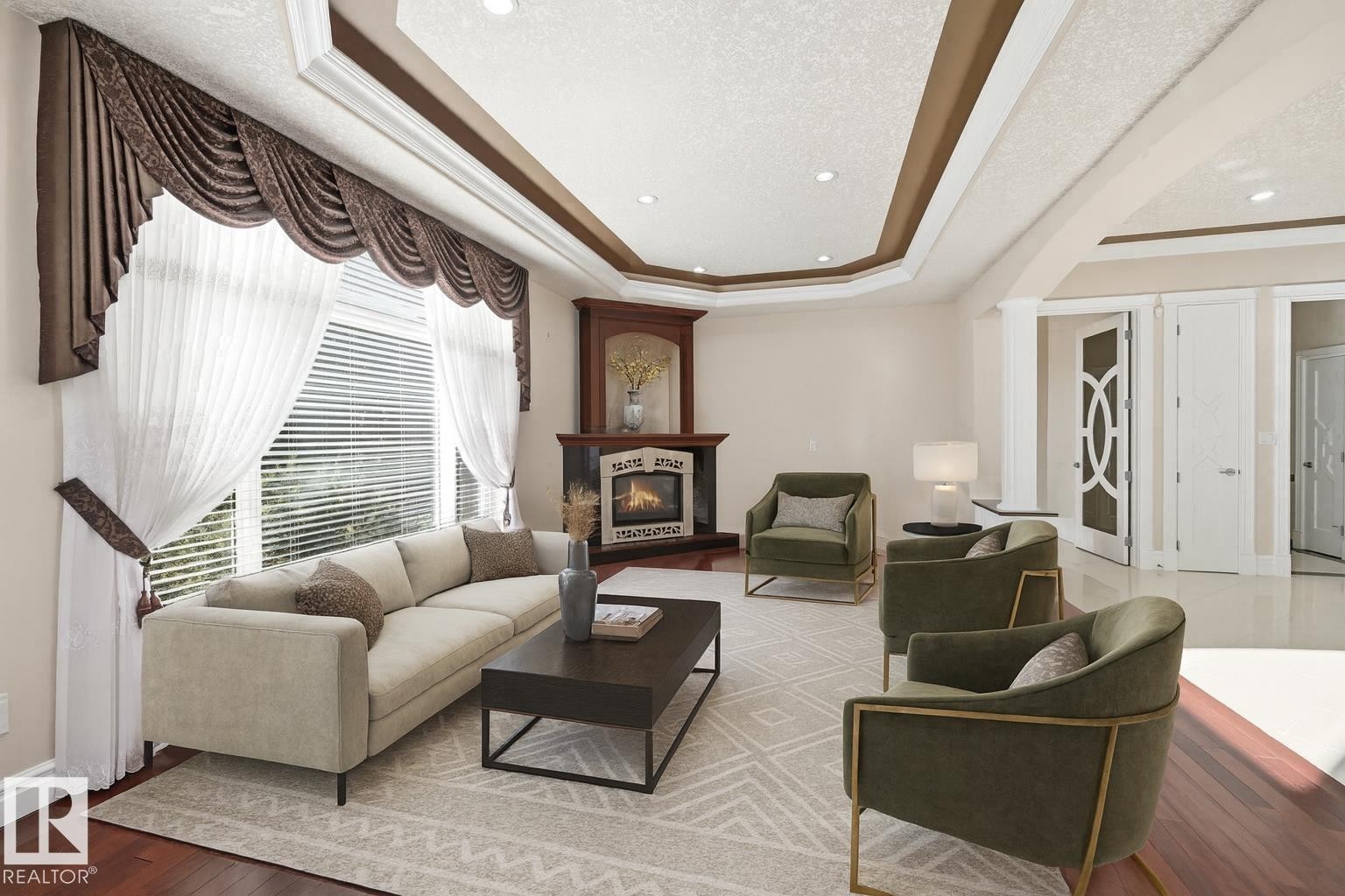 Virtually staged living room - 872 Hollands Landing, Edmonton, AB - Indoor Photo Showing Living Room With Fireplace