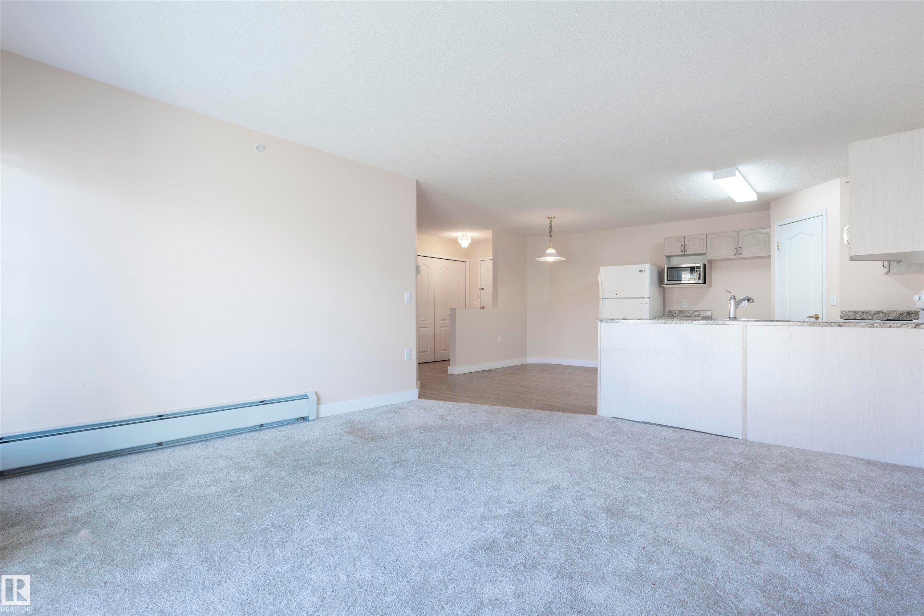 Unfurnished living room with light colored carpet and a baseboard heating unit - 262 13441 127 Street, Edmonton, AB - Indoor Photo Showing Kitchen