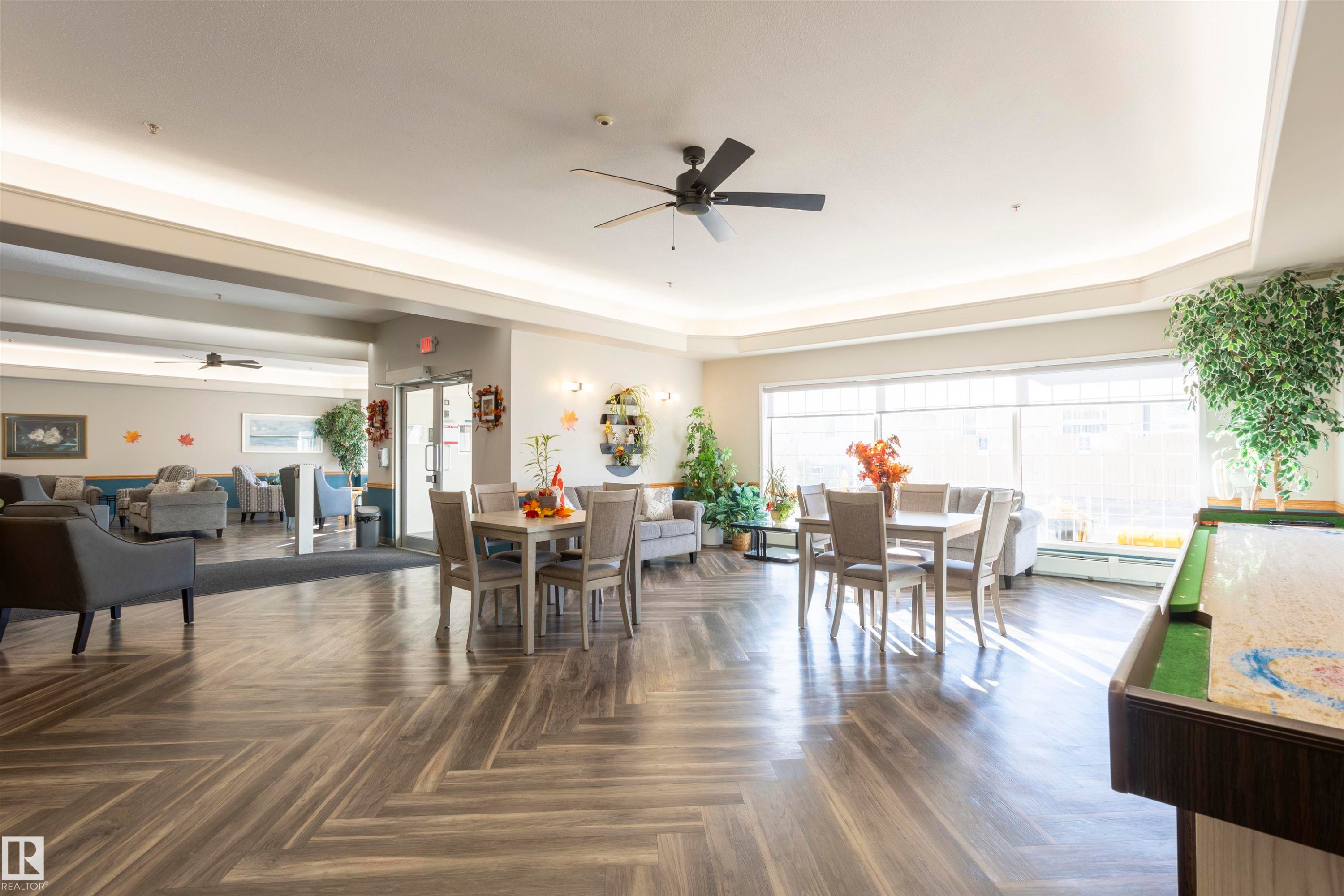 Dining room featuring a ceiling fan, a tray ceiling, and a baseboard radiator - 262 13441 127 Street, Edmonton, AB - Indoor