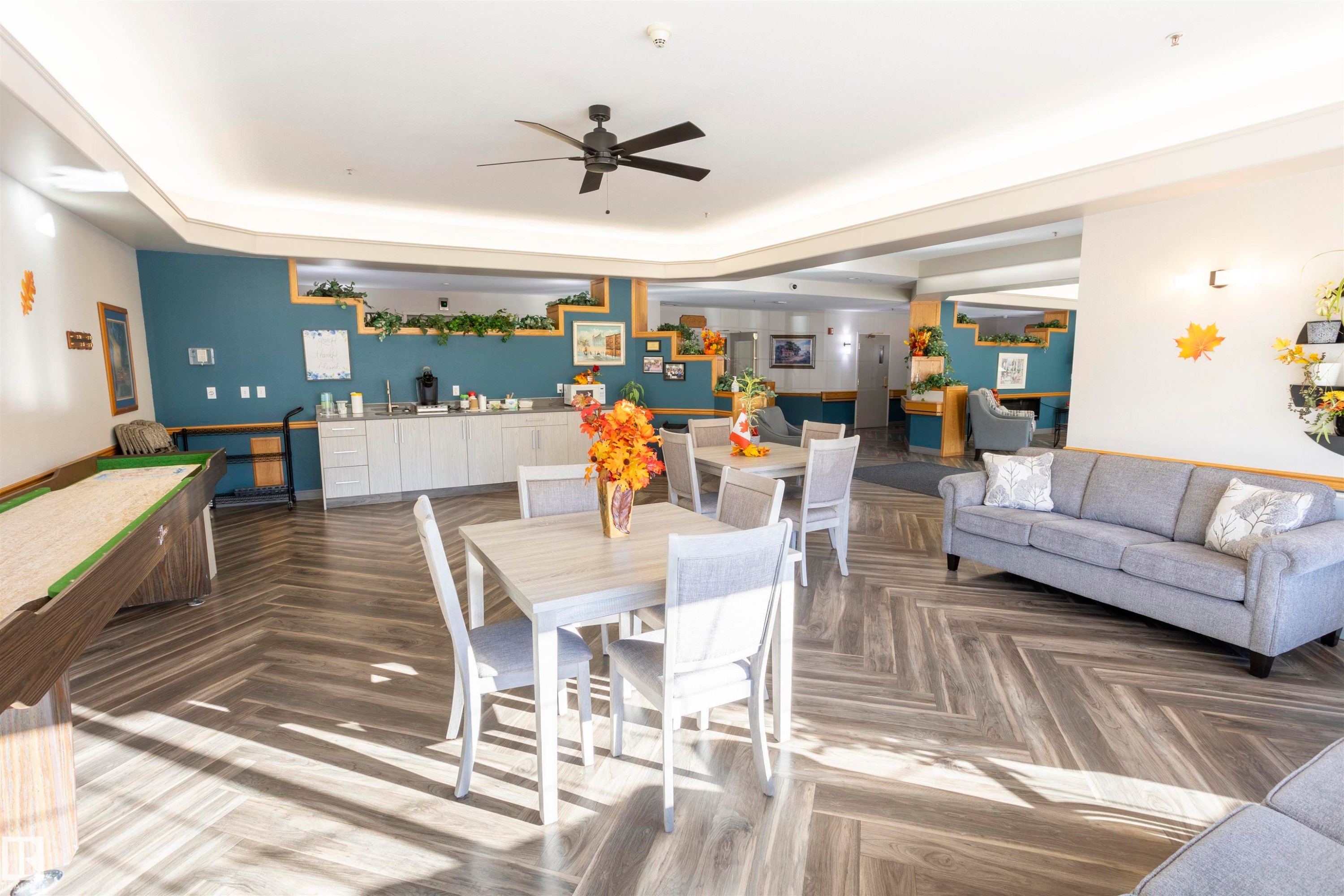 Dining space with a tray ceiling and ceiling fan - 262 13441 127 Street, Edmonton, AB - Indoor Photo Showing Living Room