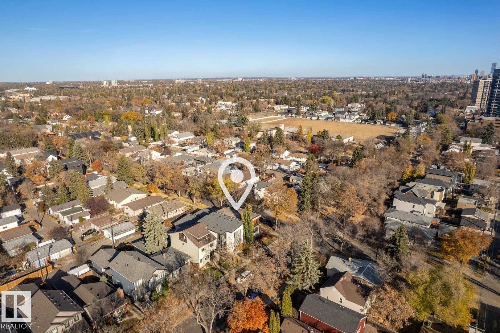 Aerial overview of property's location featuring nearby suburban area - 14502 103 Avenue, Edmonton, AB - Outdoor With View