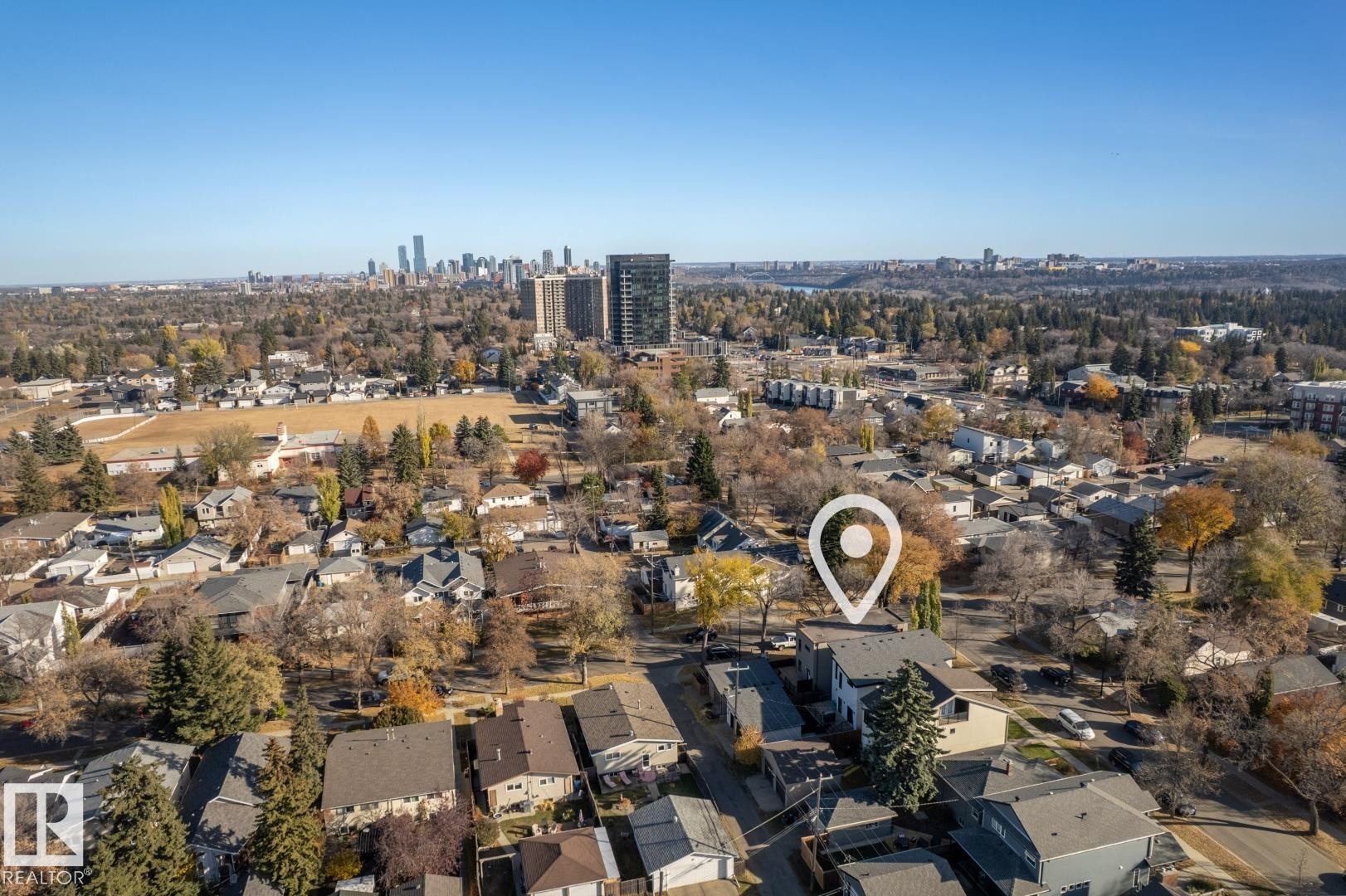 Aerial view of property and surrounding area featuring skyline - 14502 103 Avenue, Edmonton, AB - Outdoor With View