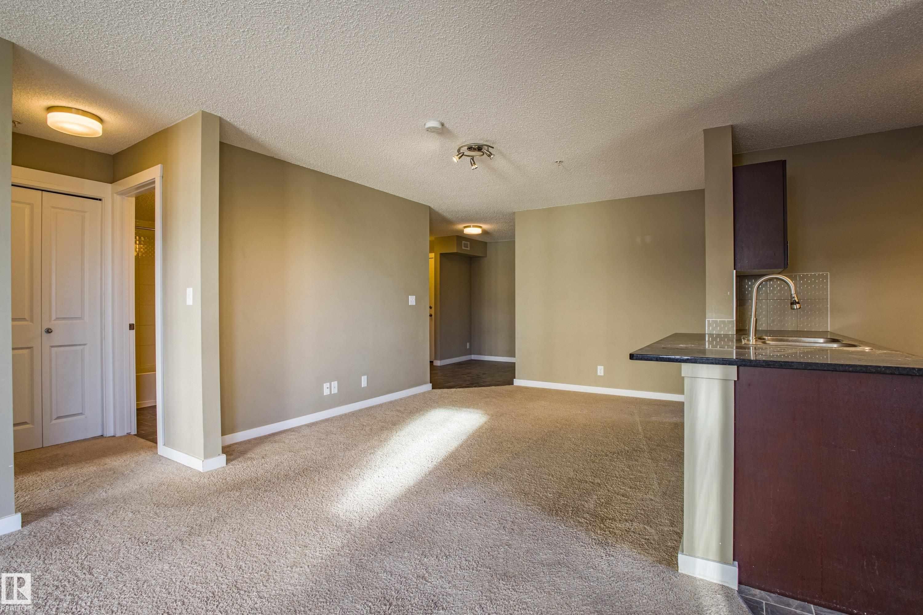 Kitchen with a textured ceiling, light colored carpet, and dark stone countertops - 201 5804 Mullen Place, Edmonton, AB - Indoor