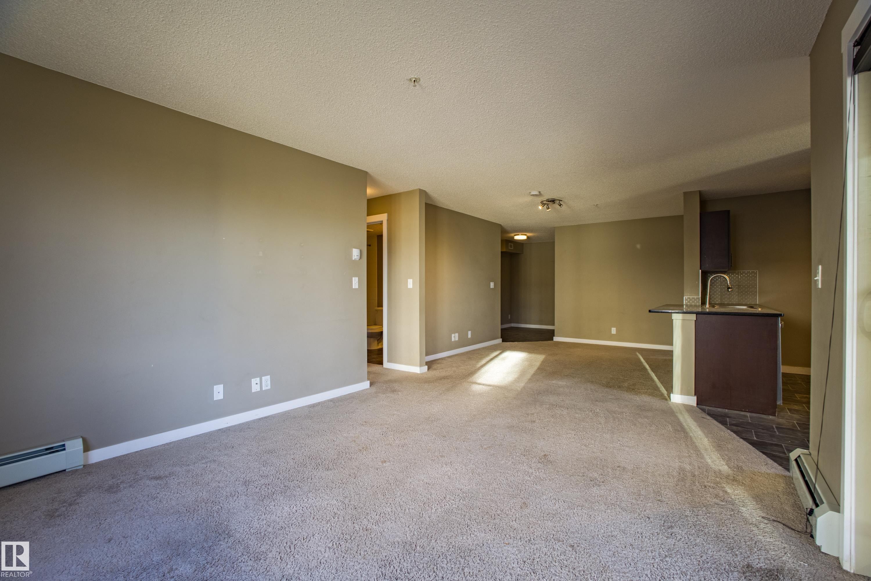 Unfurnished room with a textured ceiling, a baseboard radiator, and light carpet - 201 5804 Mullen Place, Edmonton, AB - Indoor Photo Showing Other Room