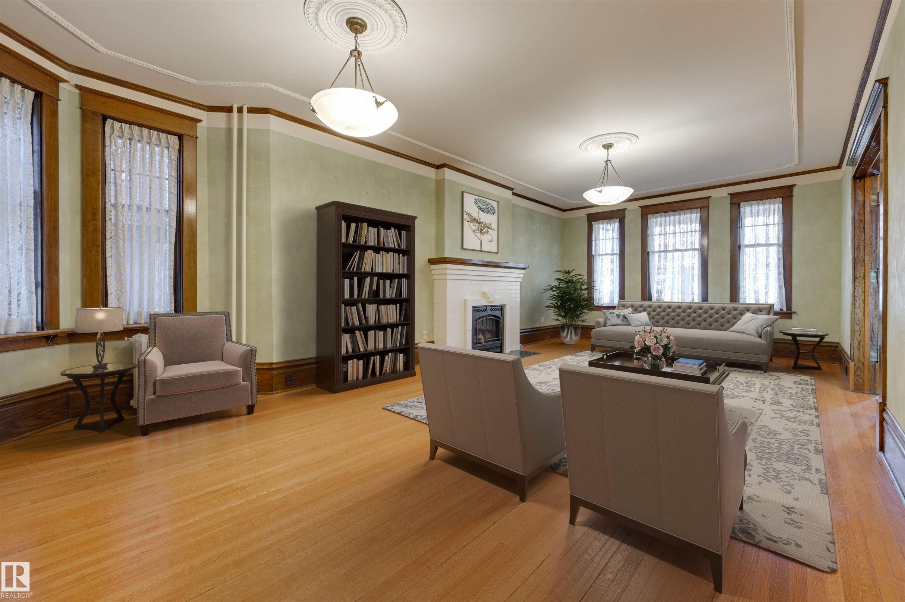 Virtually Staged - 10317 Villa Avenue, Edmonton, AB - Indoor Photo Showing Living Room With Fireplace