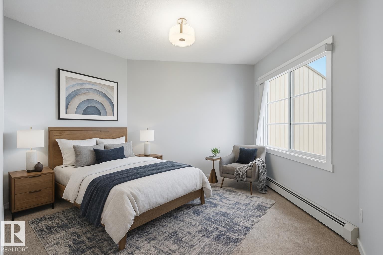 Virtually staged bedroom - 414 812 Welsh Drive, Edmonton, AB - Indoor Photo Showing Bedroom