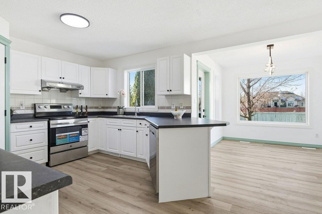 Kitchen featuring dark countertops, appliances with stainless steel finishes, white cabinetry, decorative light fixtures, and a textured ceiling - 1112 118A Street Nw, Edmonton, AB - Indoor Photo Showing Kitchen