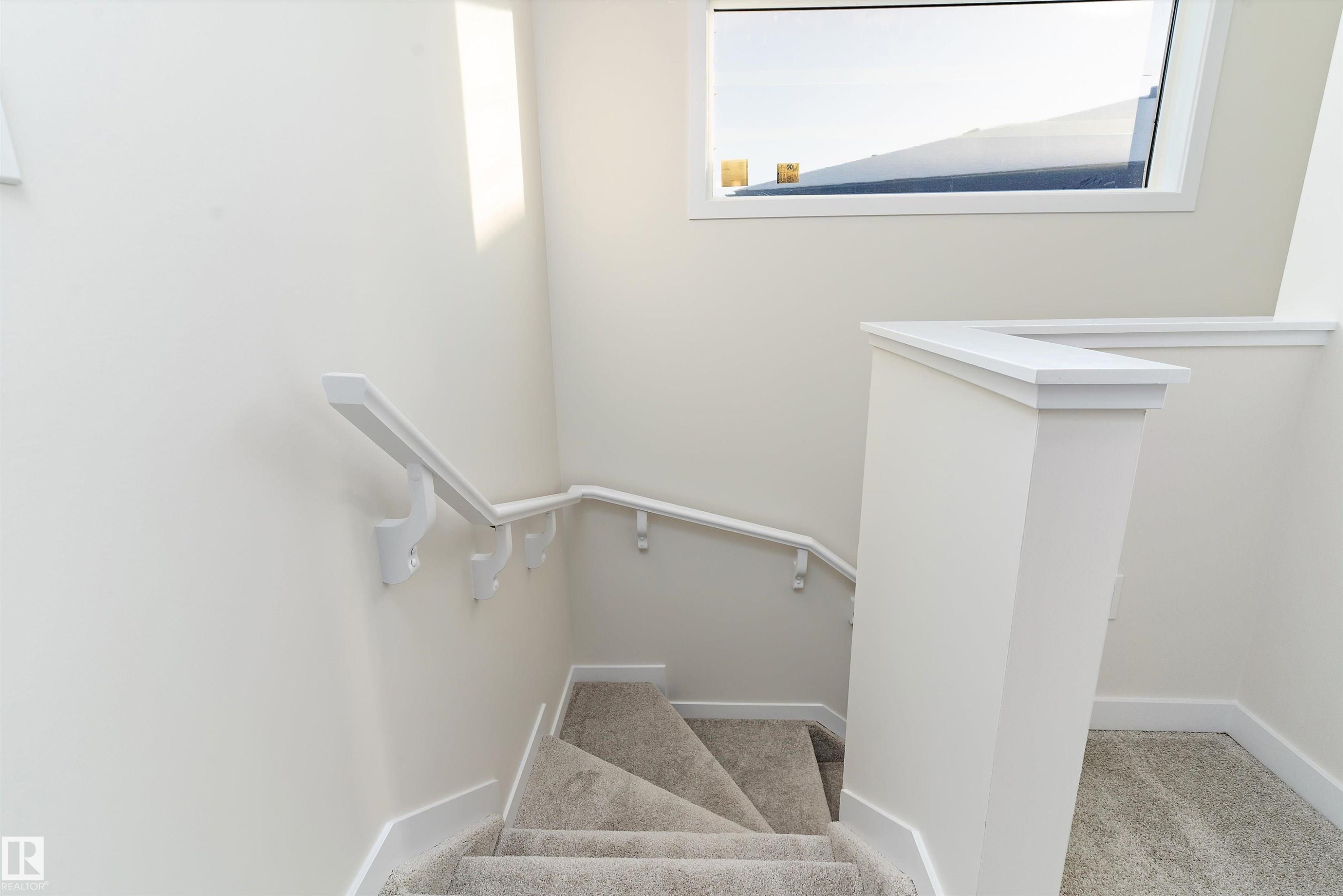 Stairway featuring carpet and baseboards - 823 Rowan Close, Edmonton, AB - Indoor