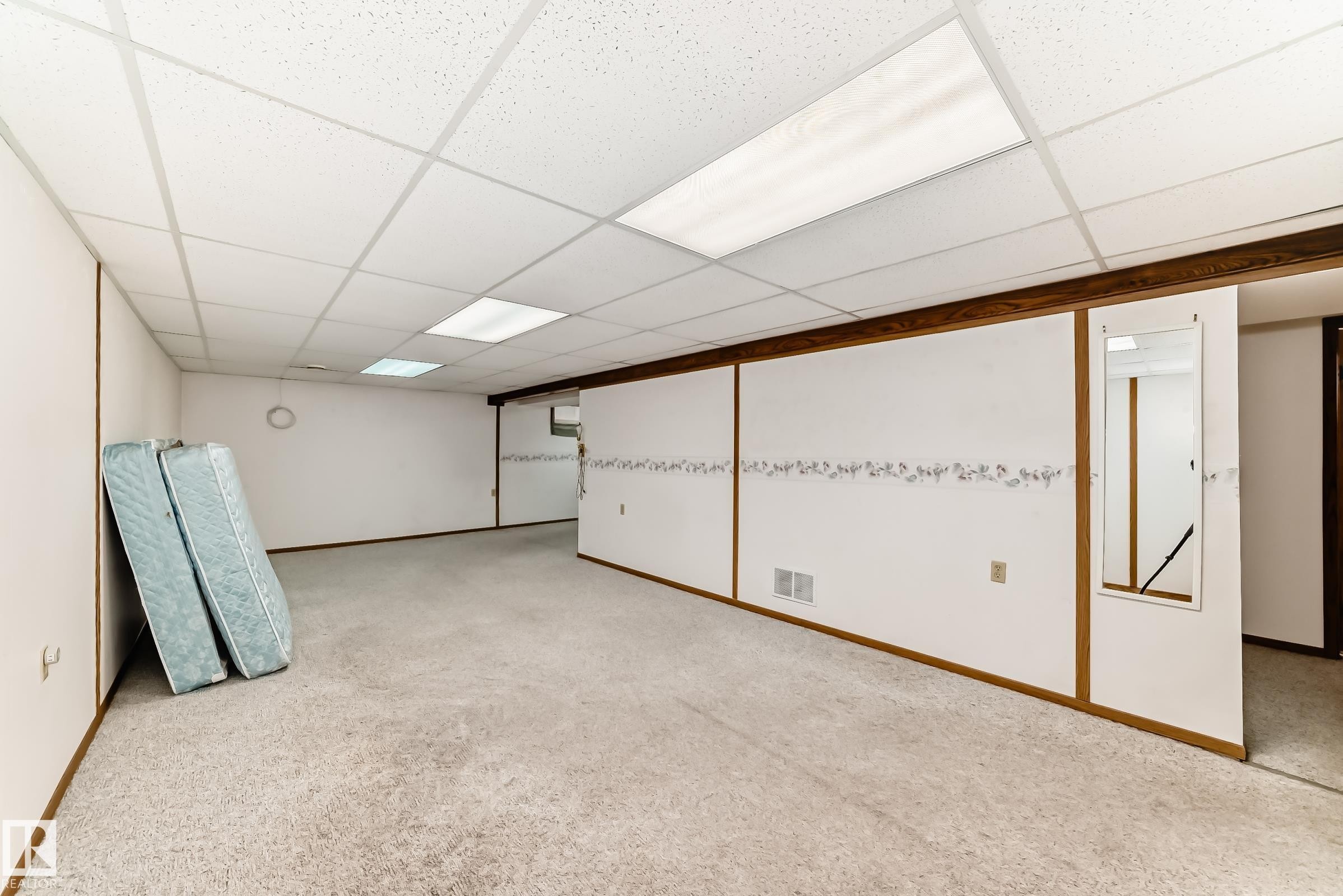 Finished below grade area featuring a drop ceiling and carpet flooring - Edmonton, AB - Indoor