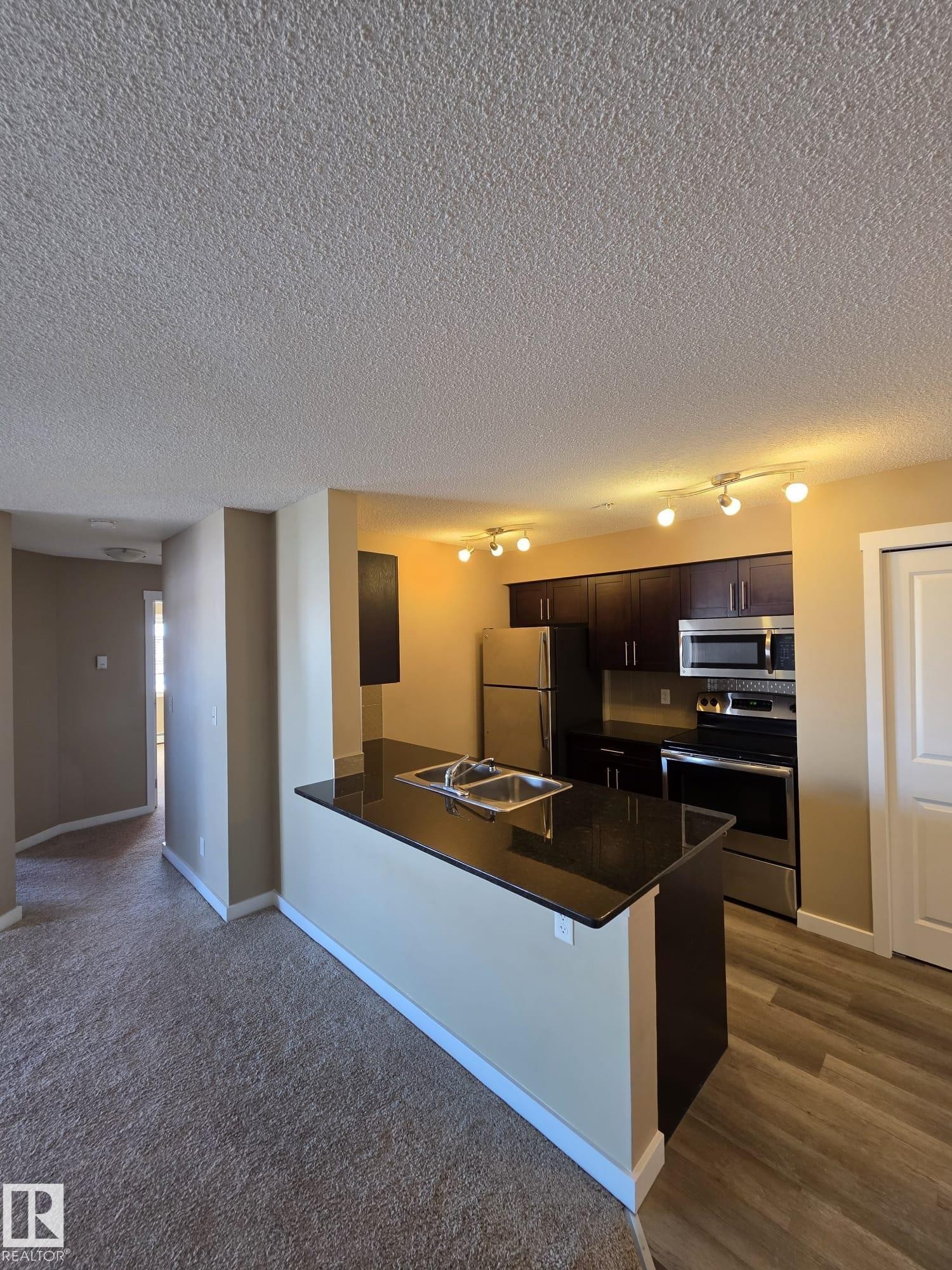 Kitchen with stainless steel appliances, dark brown cabinets, a peninsula, a textured ceiling, and a breakfast bar area - 313 1510 Watt Drive, Edmonton, AB - Indoor Photo Showing Kitchen With Double Sink