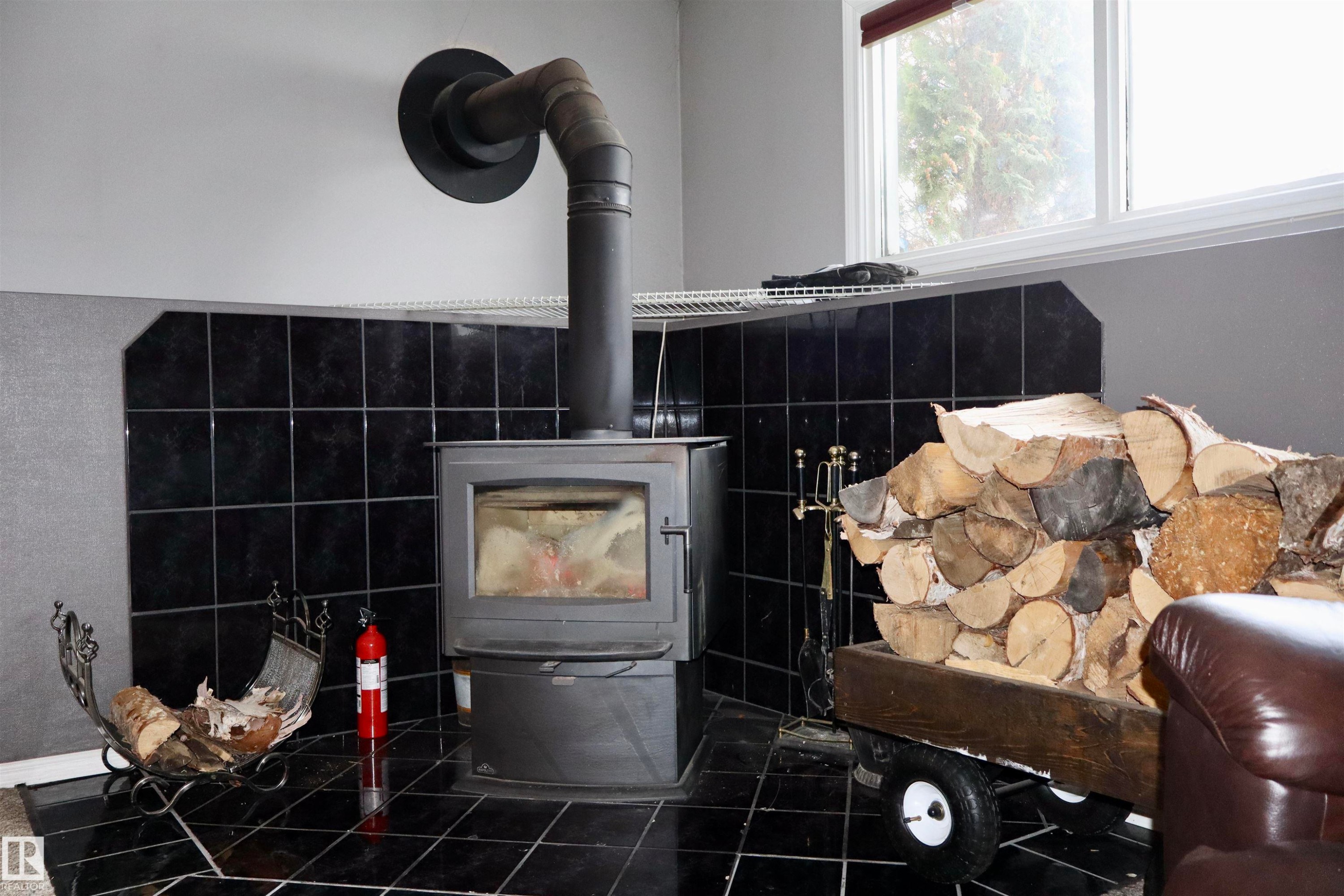 Detailed view of a wood stove and a fire extinguisher - 4505 58 Avenue, Barrhead, AB - Indoor