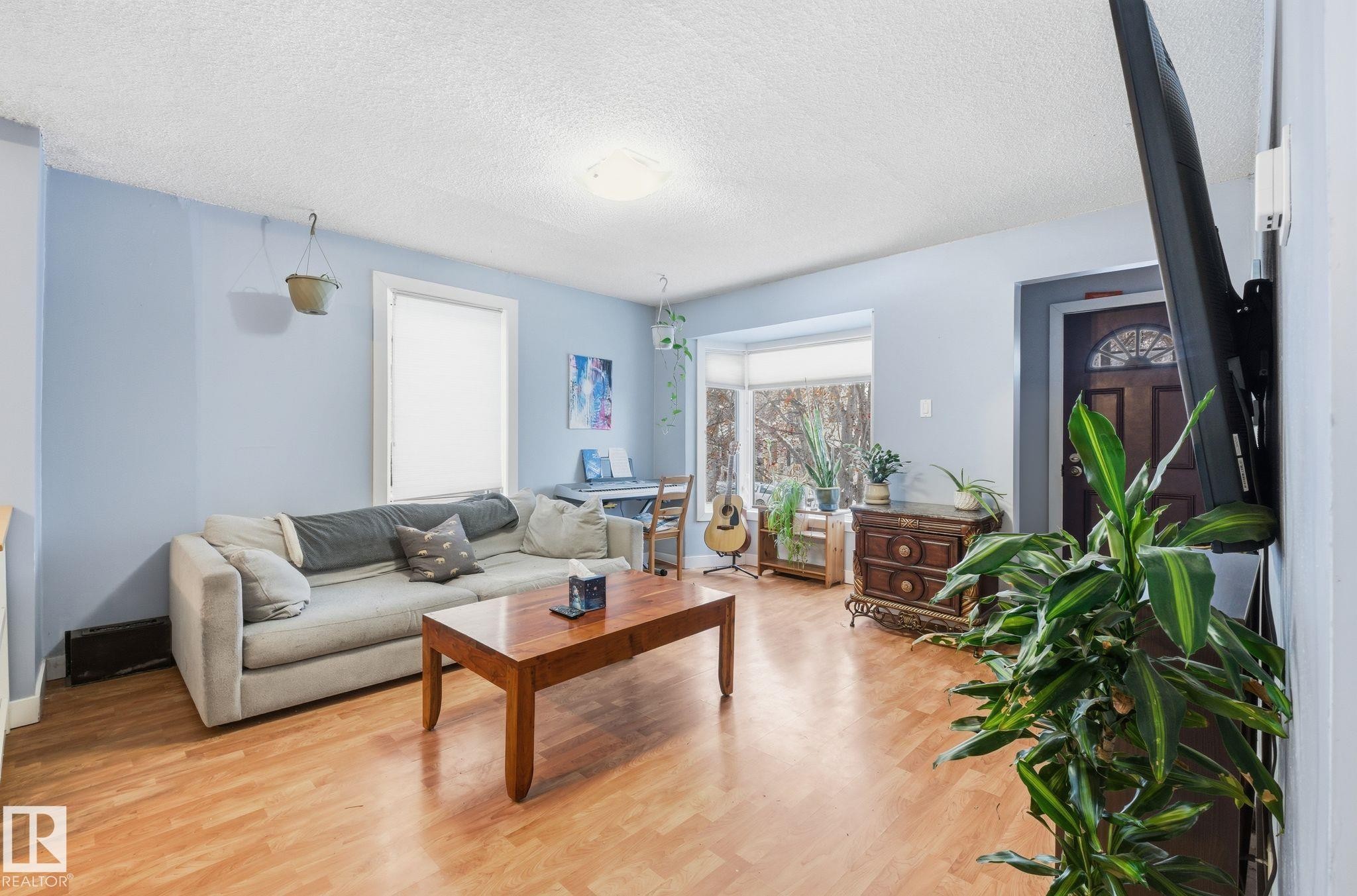 Living room featuring a textured ceiling and light wood-style flooring - 9705 87 Avenue, Edmonton, AB - Indoor Photo Showing Living Room