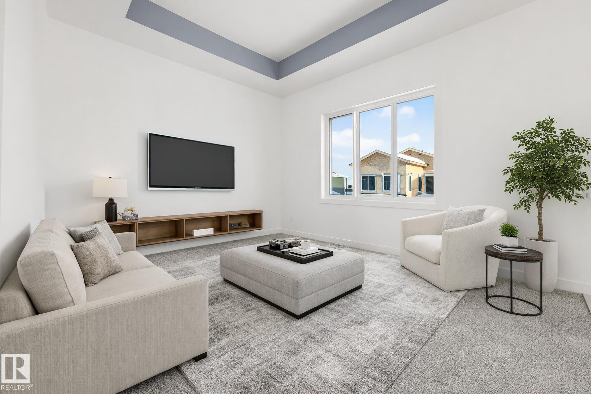 Staged with TV - 49 Eldridge Point, St. Albert, AB - Indoor Photo Showing Living Room