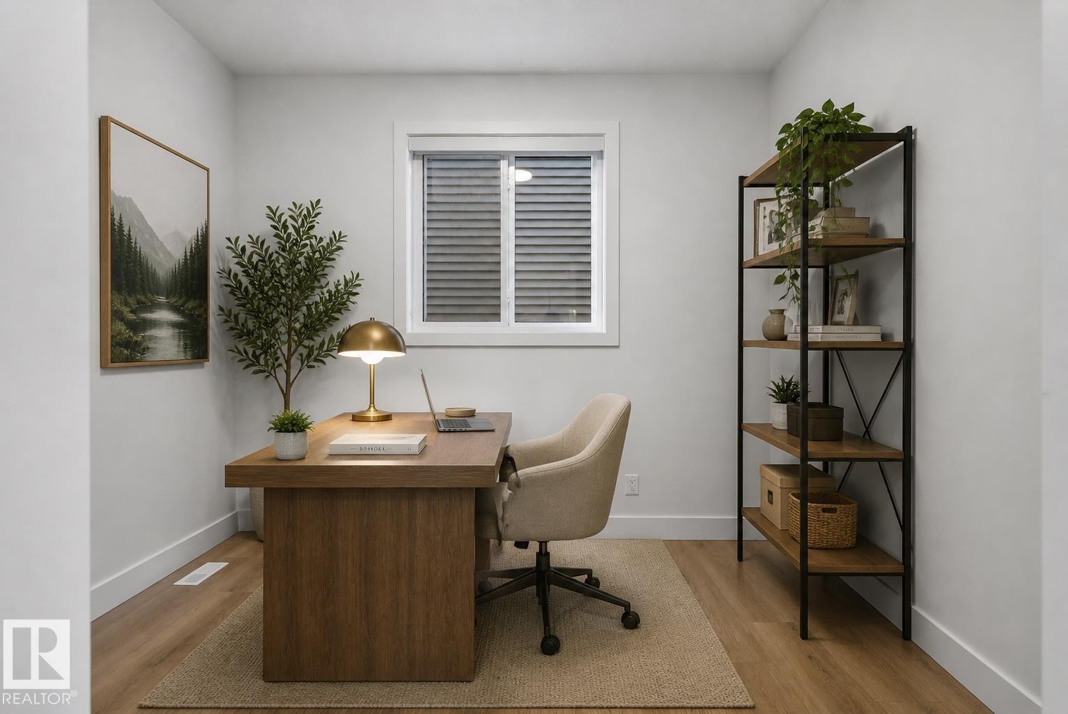 Dedicated room featuring wood-finish flooring, a window with blinds, and white baseboards - 27 Redpoll Wynd, St. Albert, AB - Indoor Photo Showing Office