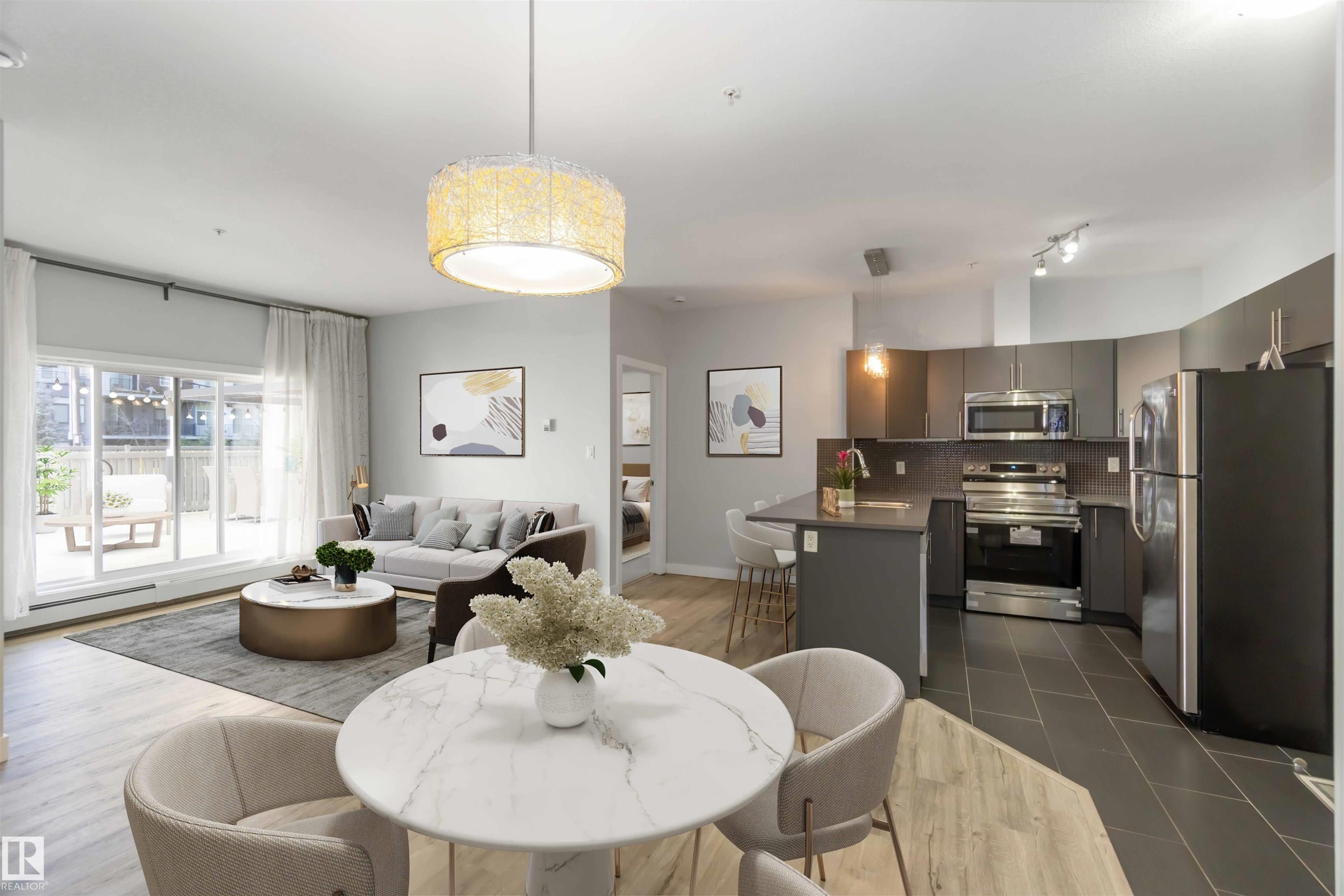 Dining room featuring dark tile patterned flooring - 107 10611 117 Street, Edmonton, AB - Indoor Photo Showing Other Room