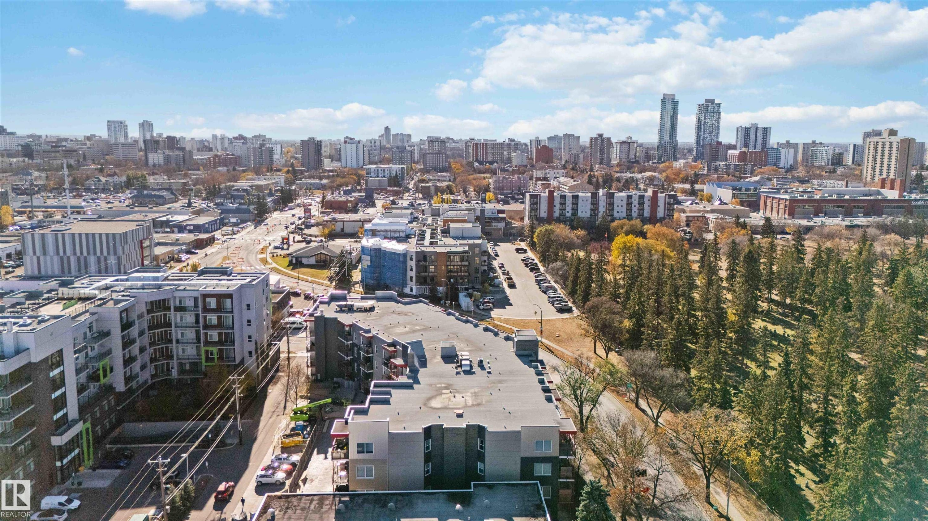 Aerial overview of property's location with city skyline - 107 10611 117 Street, Edmonton, AB - Outdoor With View