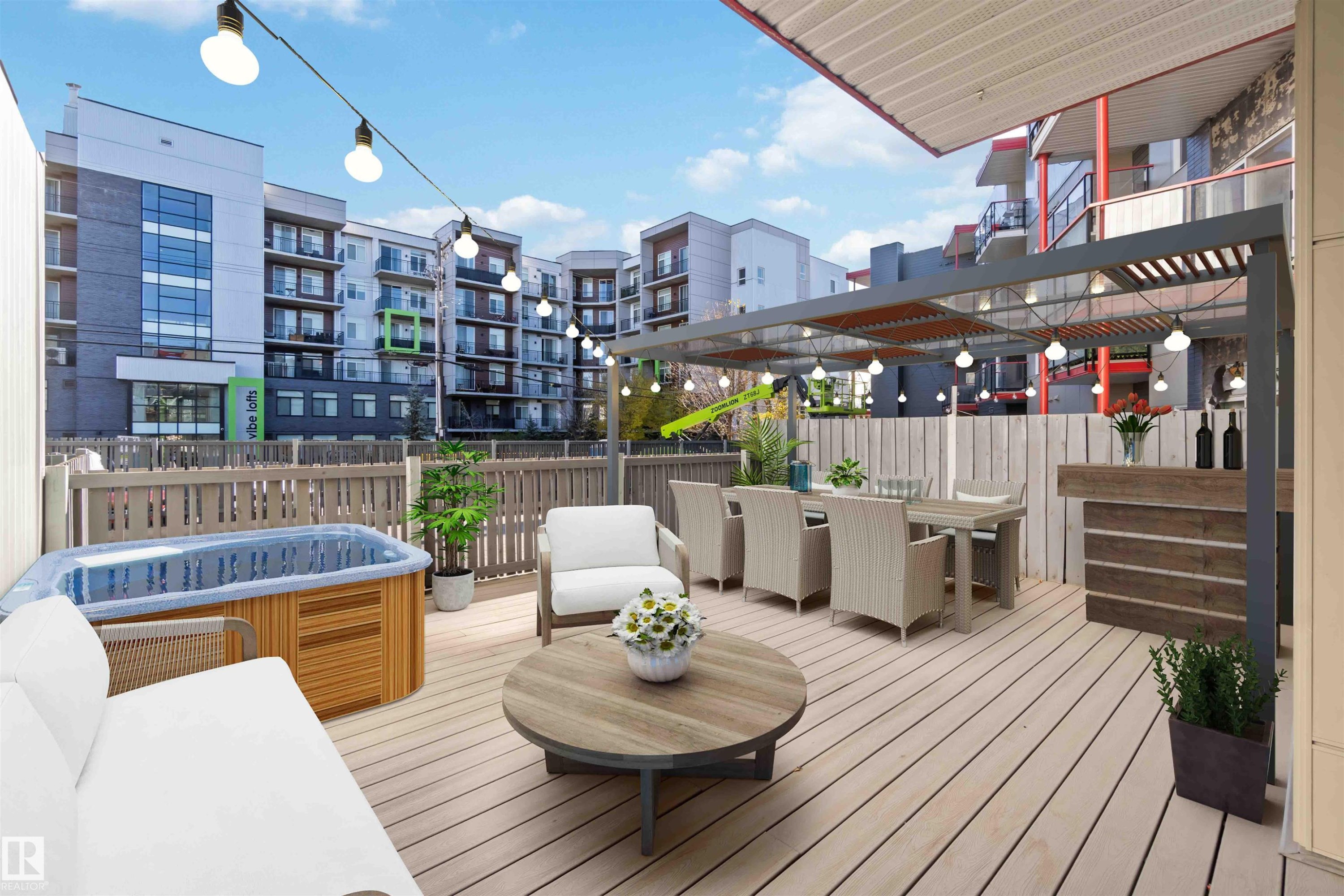 Wooden terrace with a hot tub - 107 10611 117 Street, Edmonton, AB - Outdoor With Deck Patio Veranda With Exterior