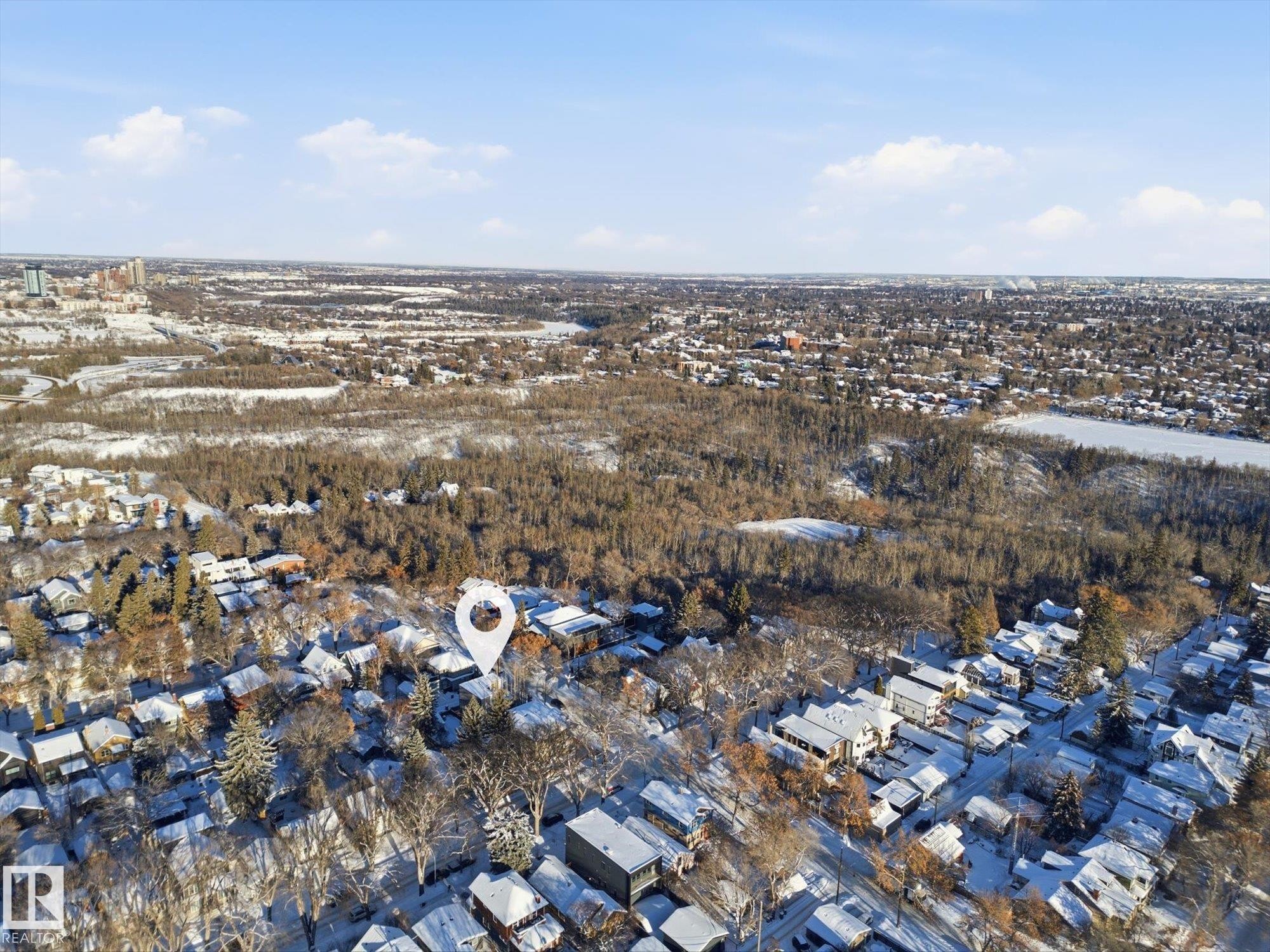 Snowy aerial view with a residential view - 9012 98 Street, Edmonton, AB - Outdoor With View