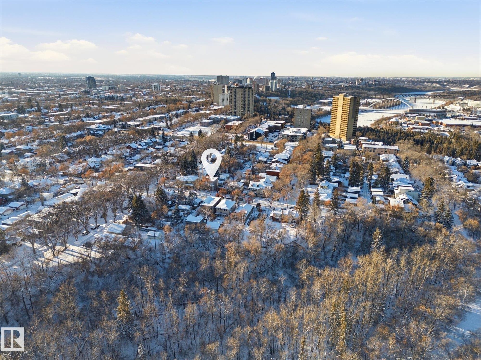 Snowy aerial view featuring a city view - 9012 98 Street, Edmonton, AB - Outdoor With View
