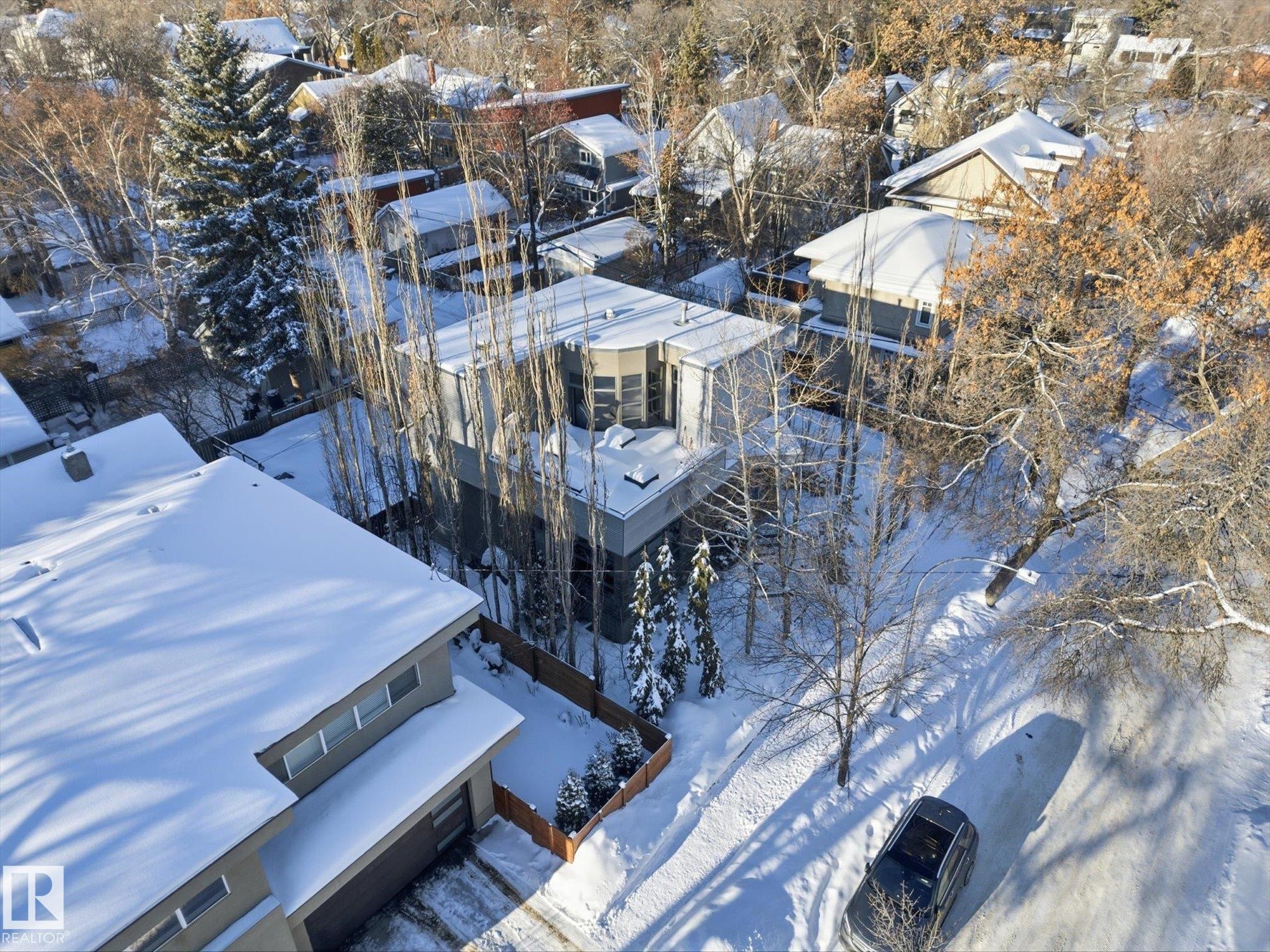 Snowy aerial view featuring a residential view - 9012 98 Street, Edmonton, AB - Outdoor