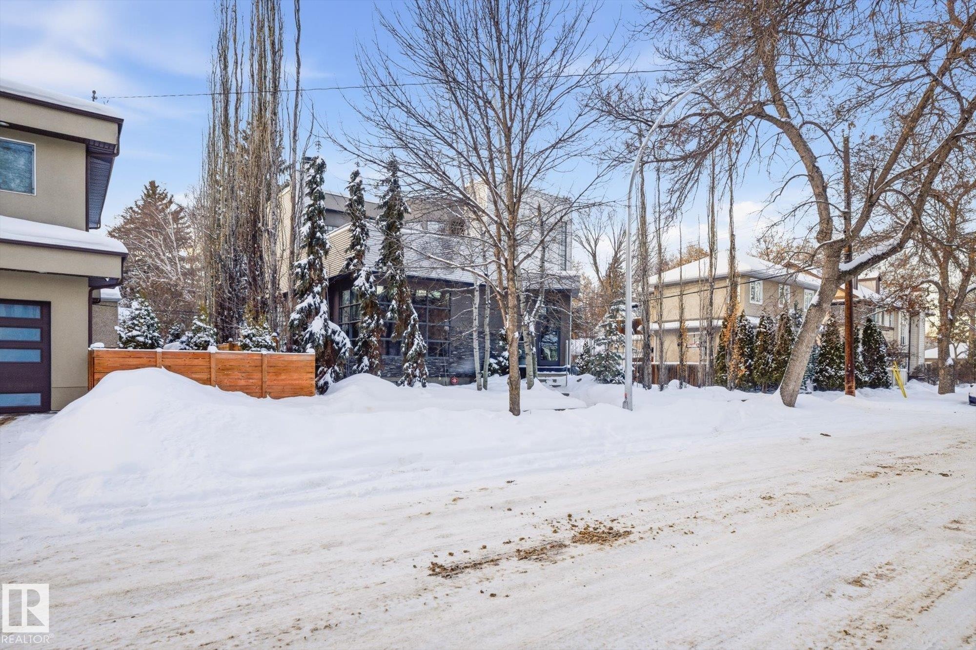 Yard layered in snow with a residential view - 9012 98 Street, Edmonton, AB - Outdoor