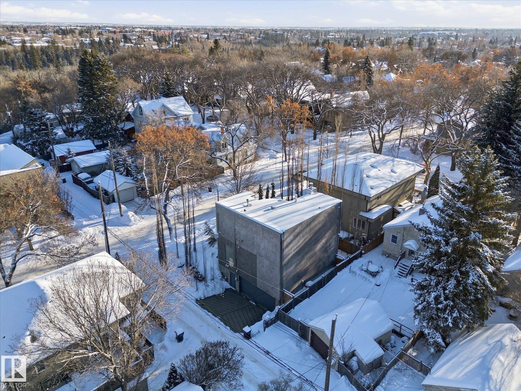 Snowy aerial view featuring a residential view - 9012 98 Street, Edmonton, AB - Outdoor With View